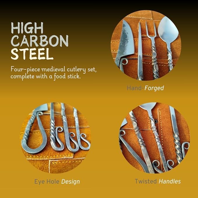 King Tools Viking Knife set, Viking Cutlery Set Hand Forged Black Silverware Set With Leather Cover- Medieval 4 Pcs Kitchen Utensils Set, Knife Spoons And Forks Set- Dinnerware Sets, Utensils Set - Image 2